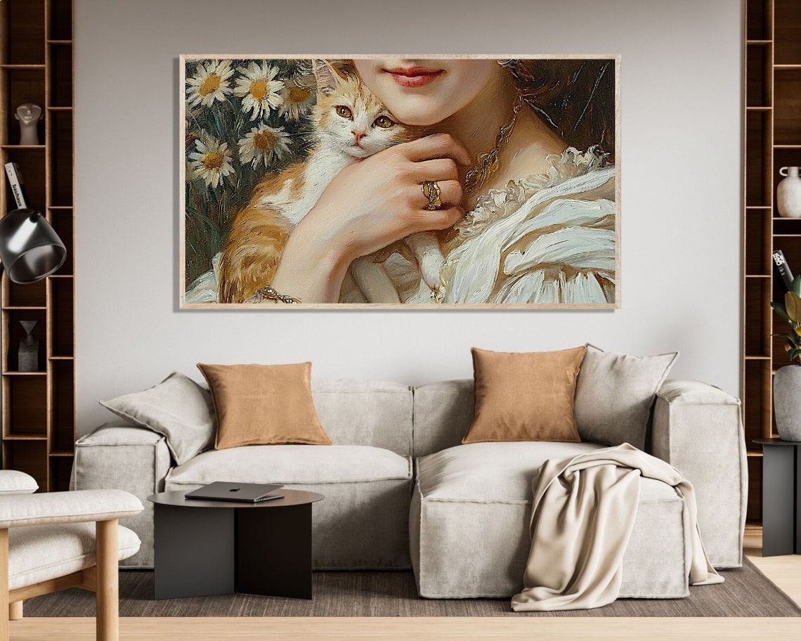 Woman Holding Orange Kitten Among Daisies Vintage Oil Painting Poster - Image 4