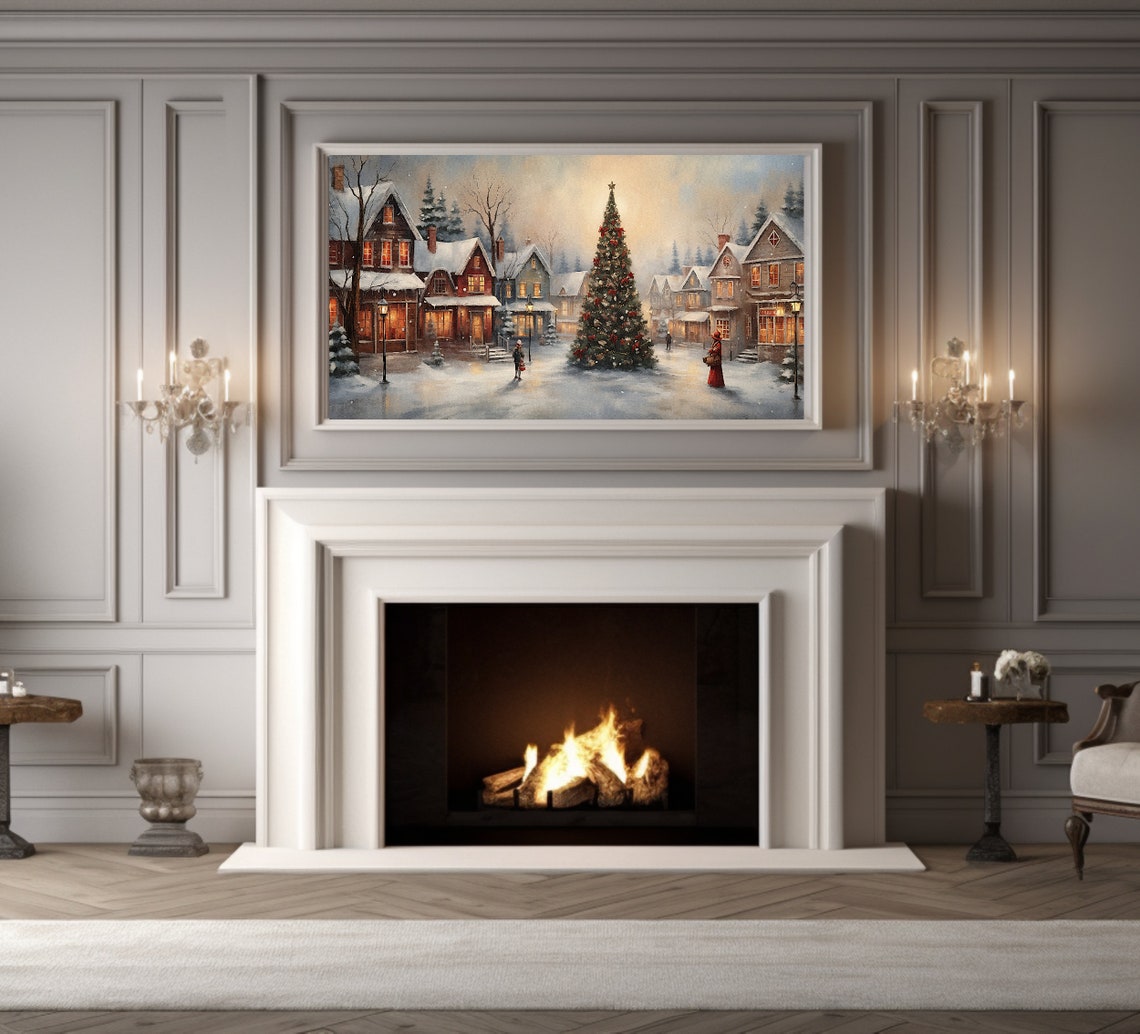 Frame Tv Art Christmas Wall Art Vintage Christmas Town Oil Painting Cottagecore Academia Christmas Home Decor Winter Holiday Print - Image 3