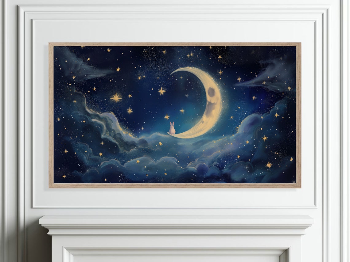 Bunny On Crescent Moon Starry Night Clouds Whimsical Painting Poster - Image 4