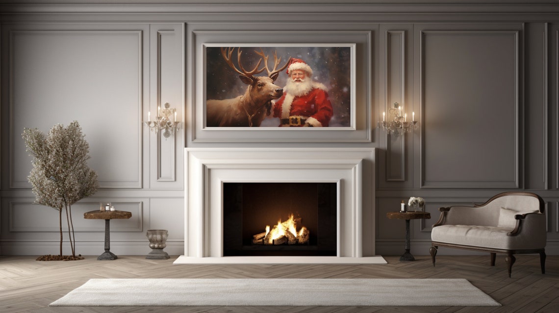 Frame Tv Art Vintage Christmas Wall Art Santa Reindeer Companionship Oil Painting Christmas Decor Winter Print Cottagecore Academia - Image 4