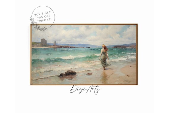 Woman Walking Into Turquoise Sea Coastal Castle Seascape Art Poster
