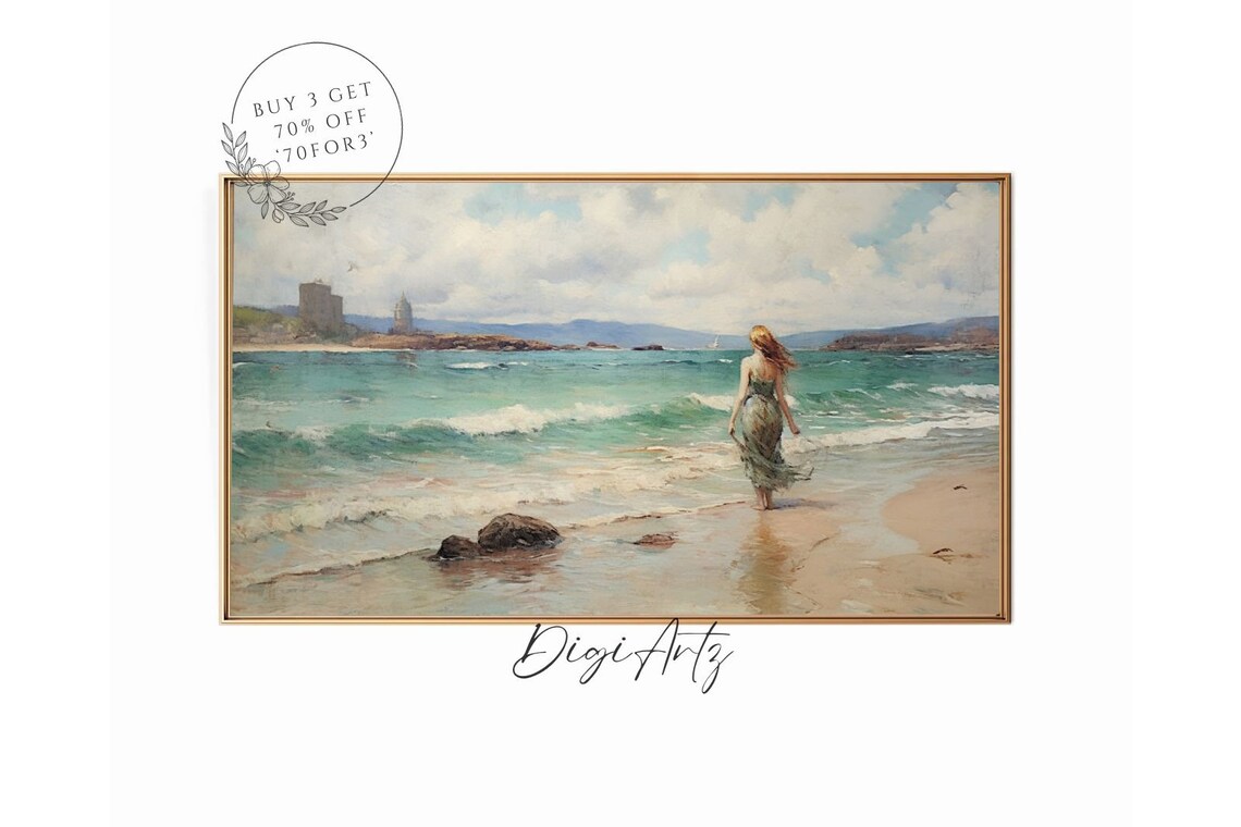Woman Walking Into Turquoise Sea Coastal Castle Seascape Art Poster