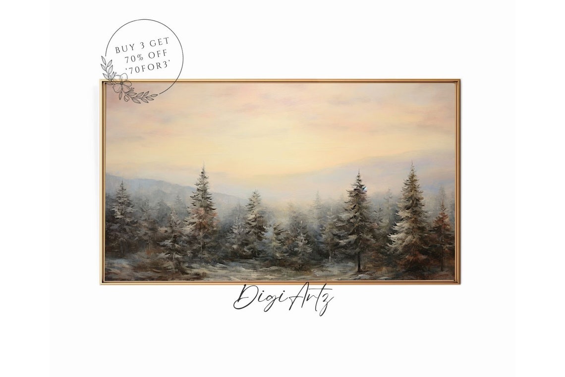 Snowy Pine Forest at Dawn Misty Winter Landscape Oil Painting Poster