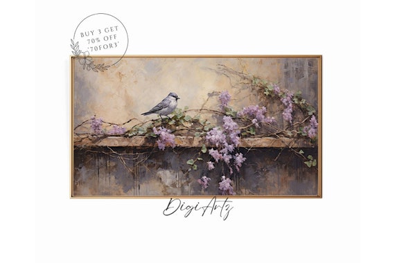 Frame Tv Vintage Still Life Moody Oil Painting Botanical Lilac Blooming Floral Frame Tv Deep In Blooms Bird Print Home Decor
