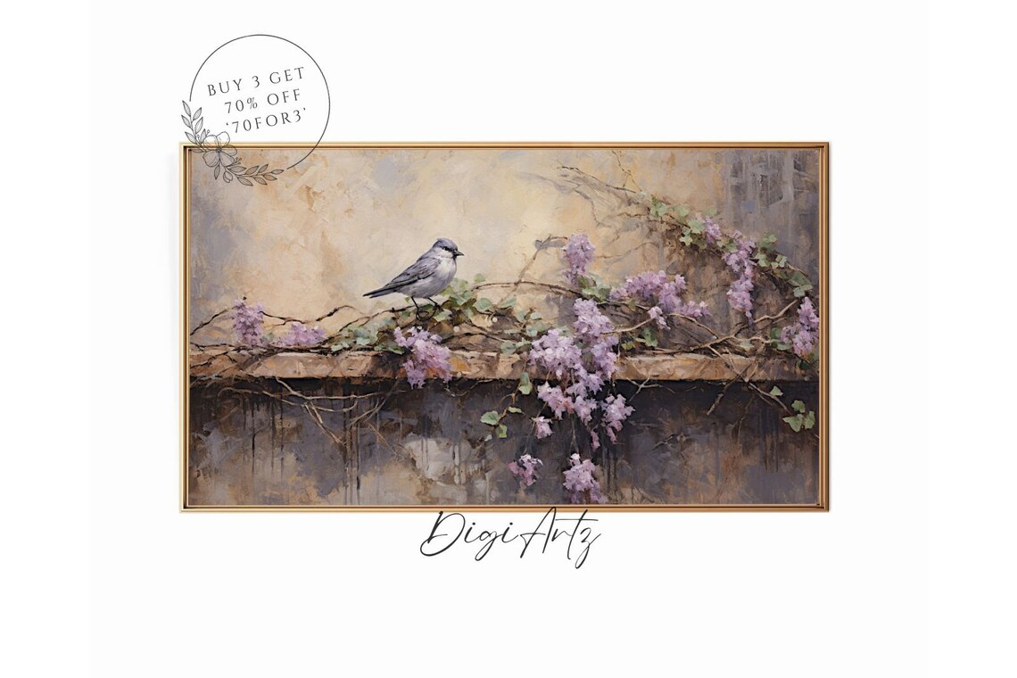 Small Gray Bird on Lilac Branch Vintage Nature Oil Painting Poster
