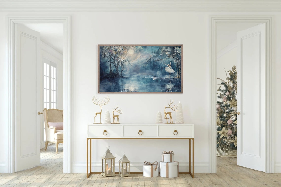 Moonlit Lake Ballerina Dancing Ballet Watercolor Night Scene Poster - Image 5