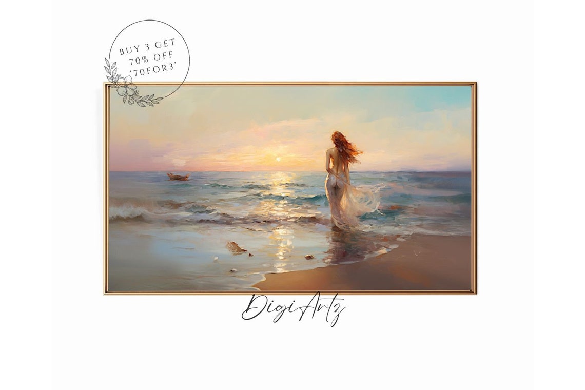 Red Haired Woman Walking on Beach at Sunset Impressionist Poster