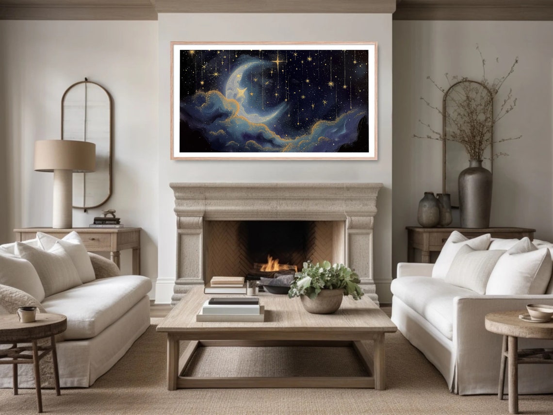 Crescent Moon Hanging Gold Stars Celestial Night Sky Painting Poster - Image 4