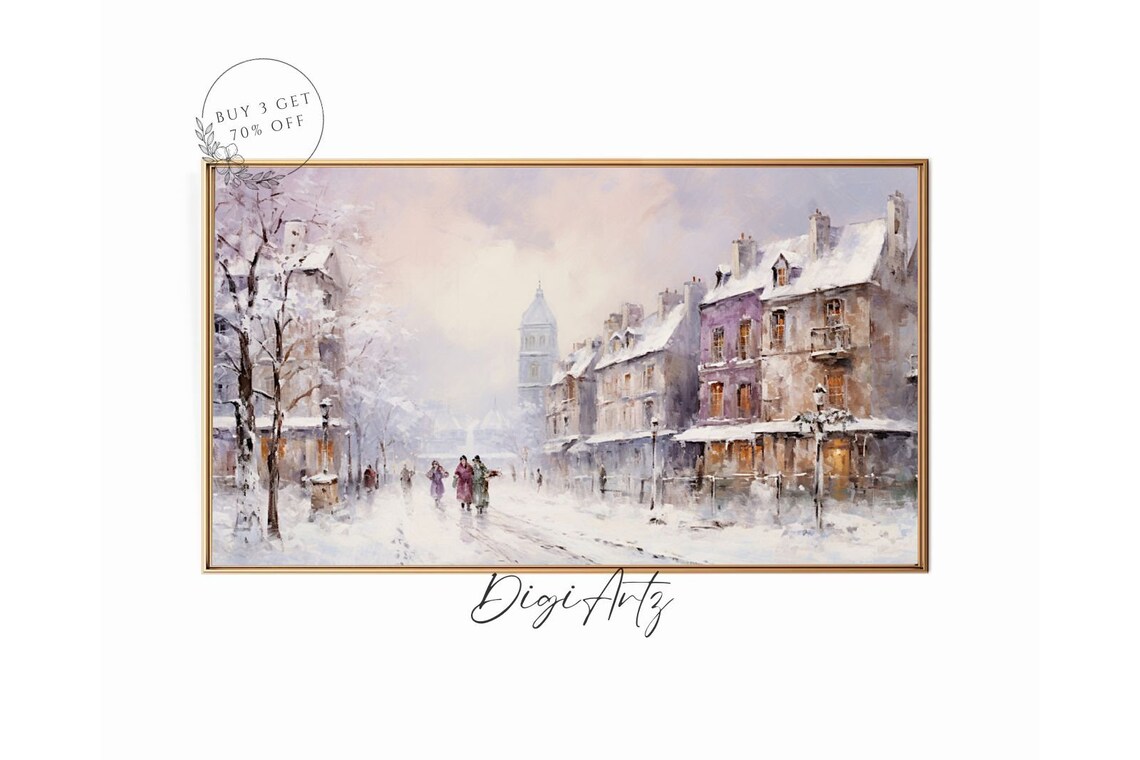 Frame Tv Winter Town Oil Painting Vintage Cottagecore Academia Christmas Decor Rustic Snowy Winter Landscape Holiday Farmhouse Print
