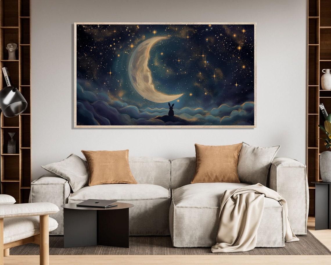 Bunny Gazing At Crescent Moon Starry Night Cloud Painting Poster - Image 3