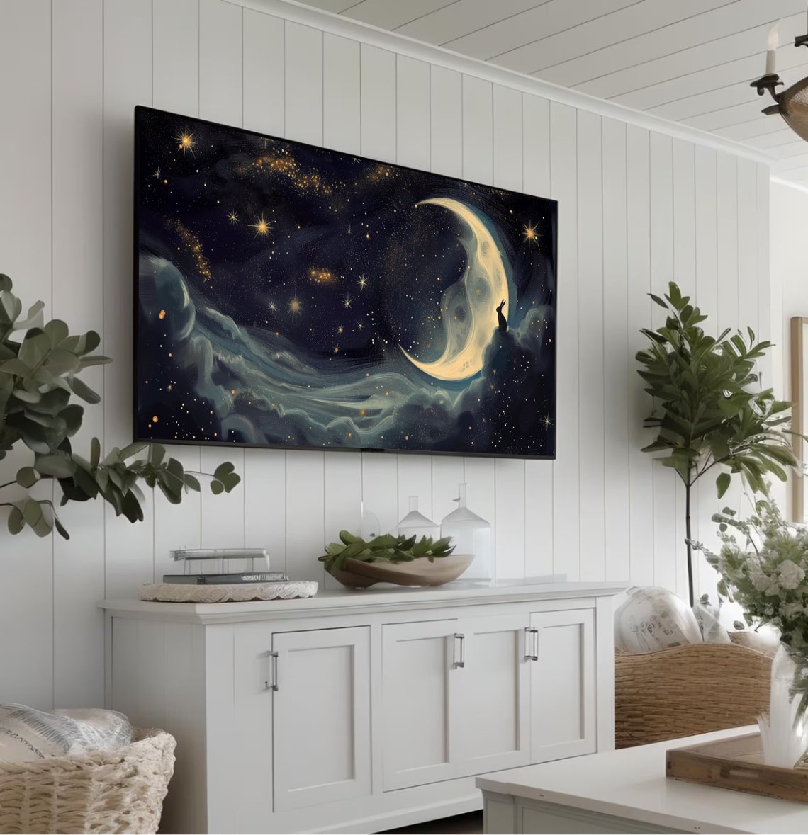 Crescent Moon Bunny On Clouds Golden Starry Night Painting Poster - Image 5