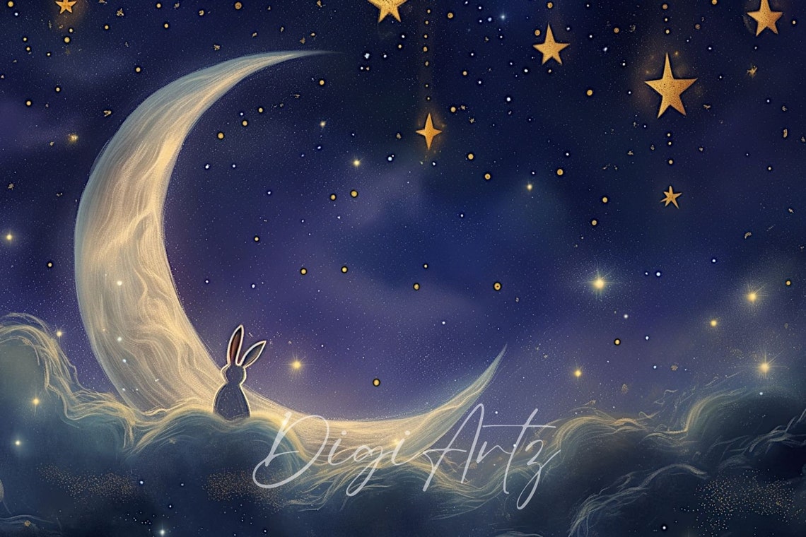 Crescent Moon Bunny Hanging Stars Starry Cloud Night Painting Poster - Image 6