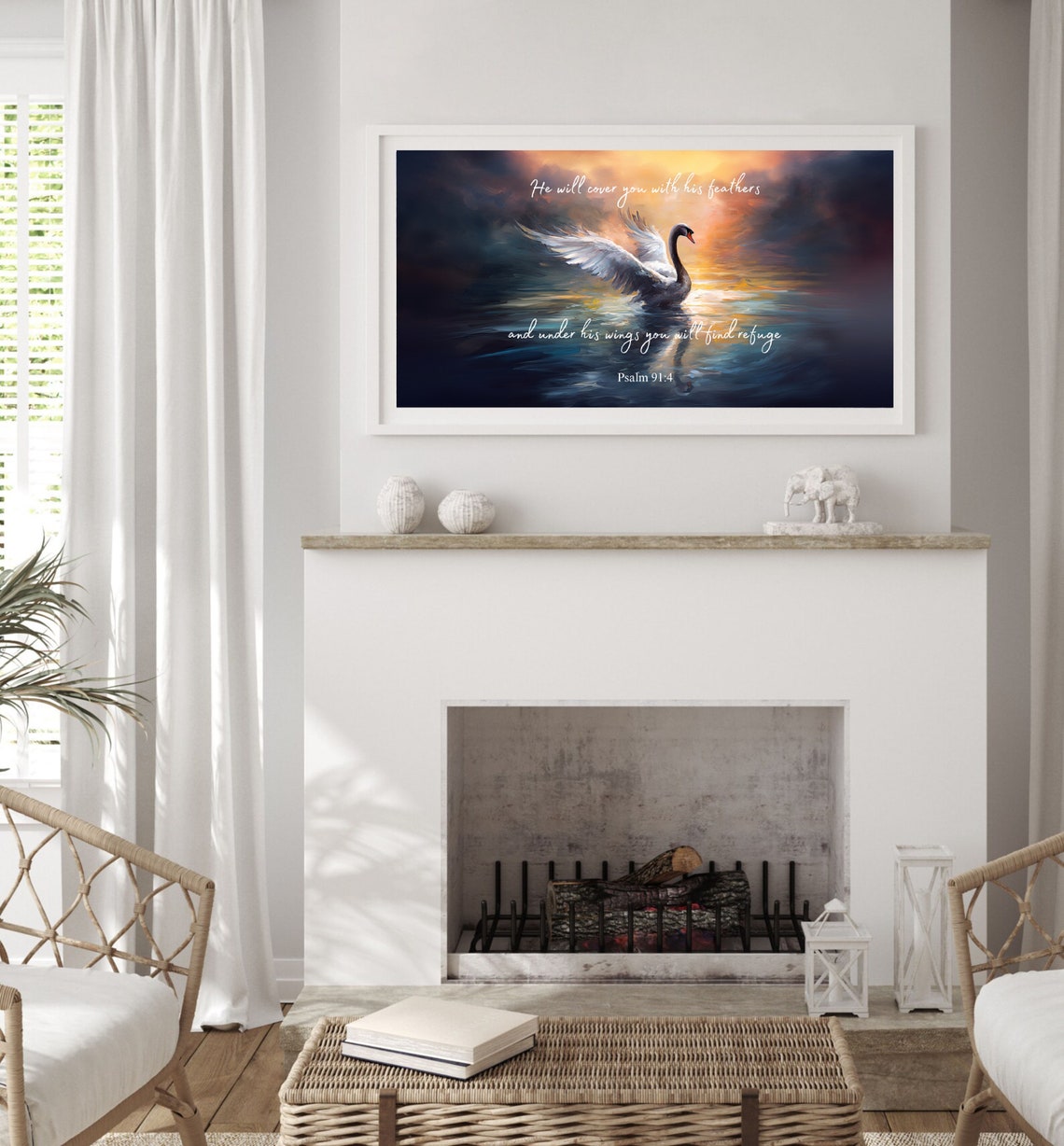Psalm 91 Swan Sunset Oil Painting Scripture Verse Christian Poster - Image 3