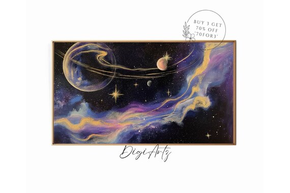 Ringed Planet Purple Gold Nebula Cosmic Space Oil Painting Poster