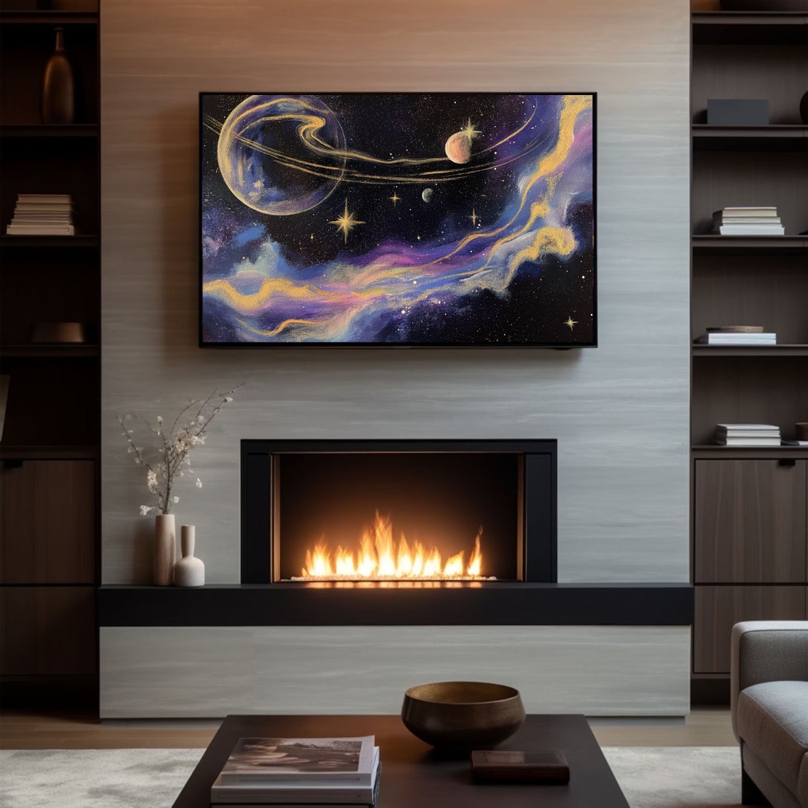 Ringed Planet Purple Gold Nebula Cosmic Space Oil Painting Poster - Image 3