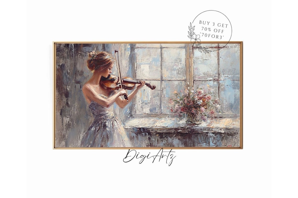 Woman Playing Violin By Window Romantic Music Painting Poster