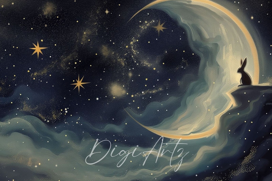 Crescent Moon Bunny Silhouette Starry Night Sky Nursery Poster - Image 6
