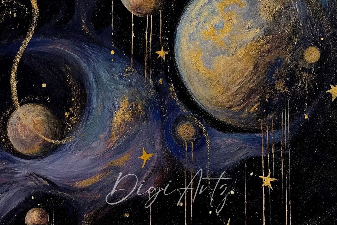 Gothic Solar System Planets Gold Stars Cosmic Oil Painting Poster - Image 6