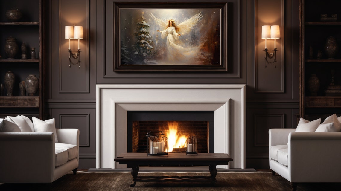 Frame Tv Portrait Art Christmas White Angel Oil Painting Rustic Fairy Winter Landscape Print Vintage Christmas Farmhouse Wall Decor - Image 3