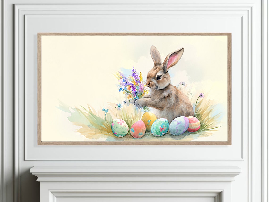 Easter Bunny Holding Spring Flowers With Painted Eggs Poster - Image 3