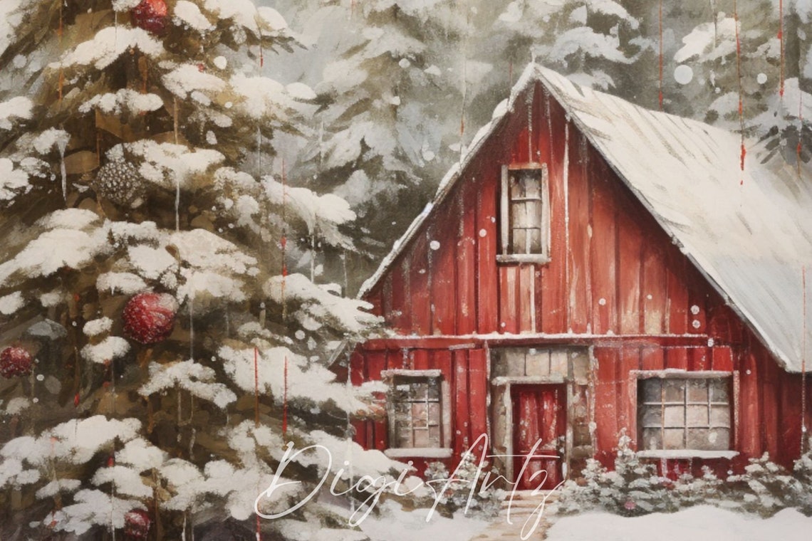 Red Barn Christmas Tree Snowy Winter Forest Holiday Barn Poster - Image 6