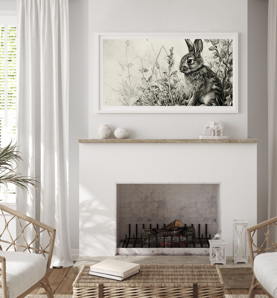 Vintage Rabbit Sketch Black and White Botanical Illustration Poster - Image 2