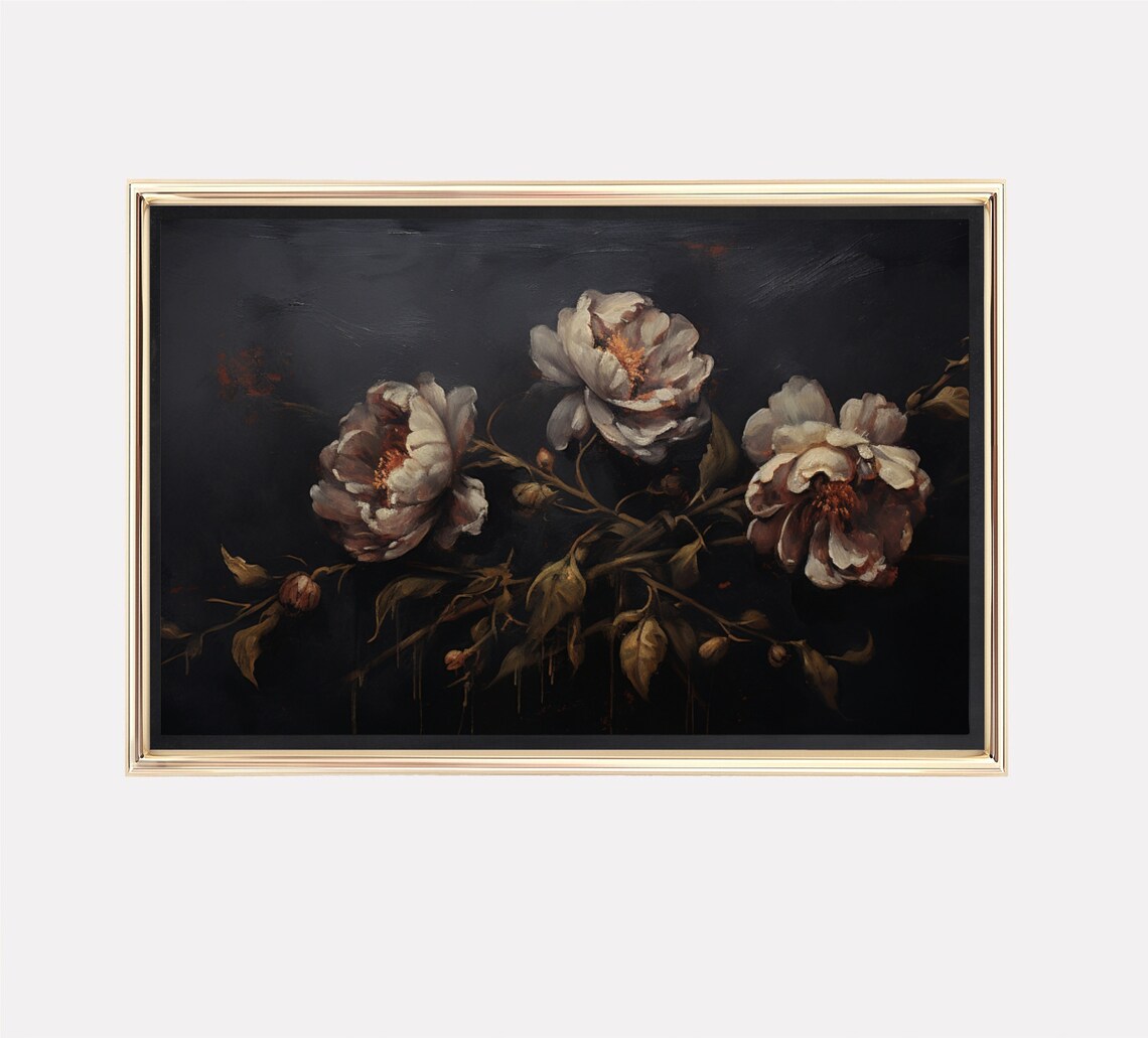 Dark Moody White Peonies Black Botanical Floral Painting Style Poster - Image 2