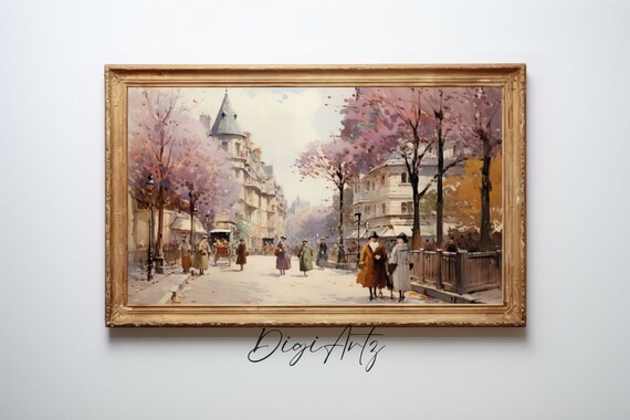 Parisian Boulevard Strollers Blossom Trees Vintage Street Poster