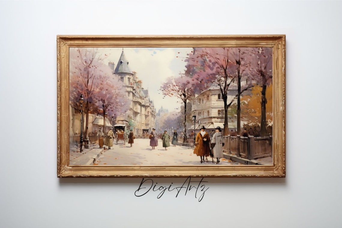 Parisian Boulevard Strollers Blossom Trees Vintage Street Poster