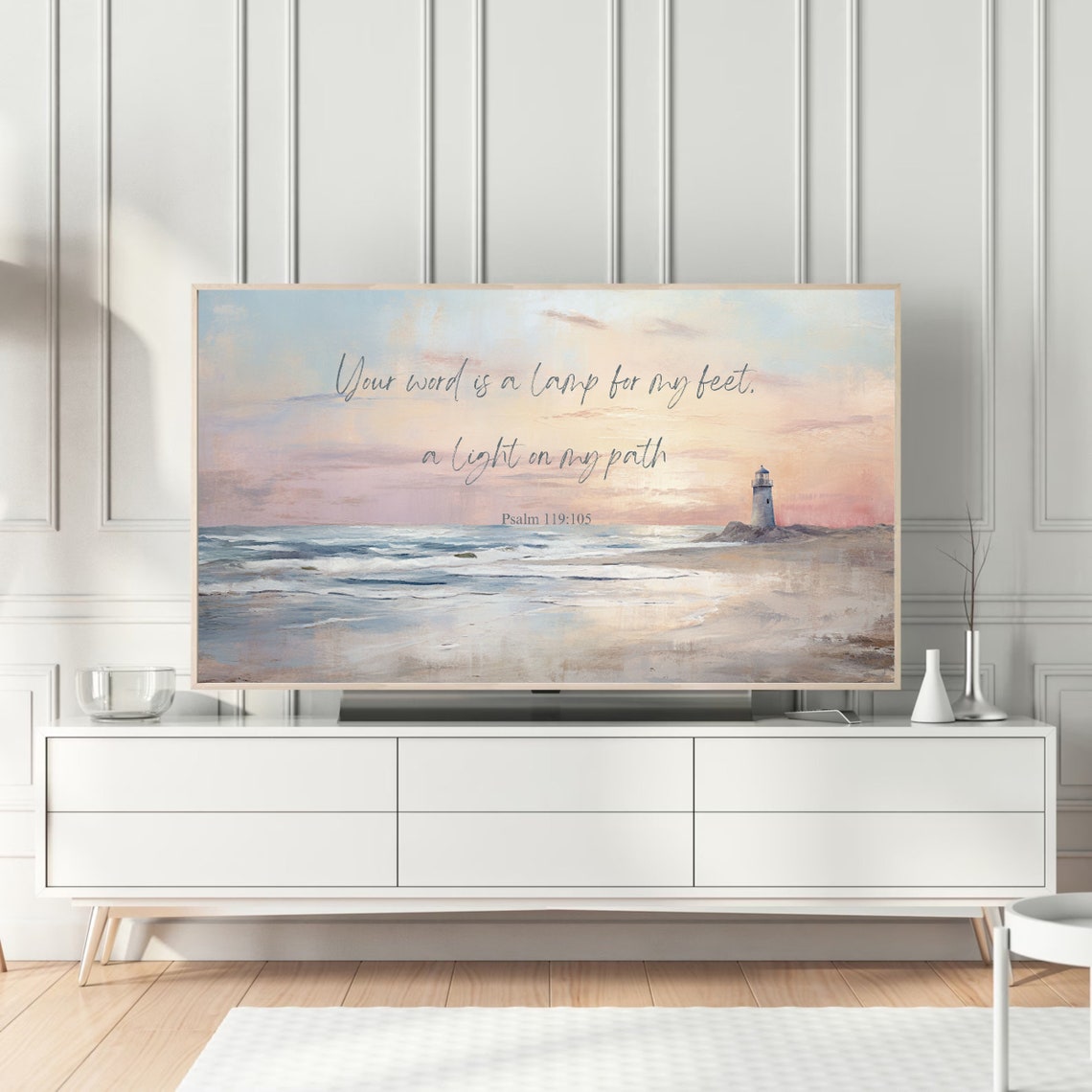 Frame Tv Christian Print Bible Verse Psalm 119 Scripture Light On My Path Seascape Beach Oil Painting Lighthouse Home Decor - Image 5