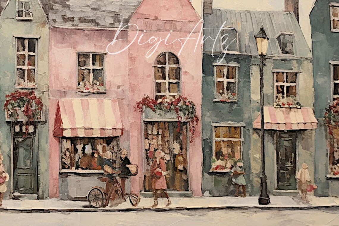 Vintage European Christmas Shops Street Scene Oil Painting Poster - Image 6