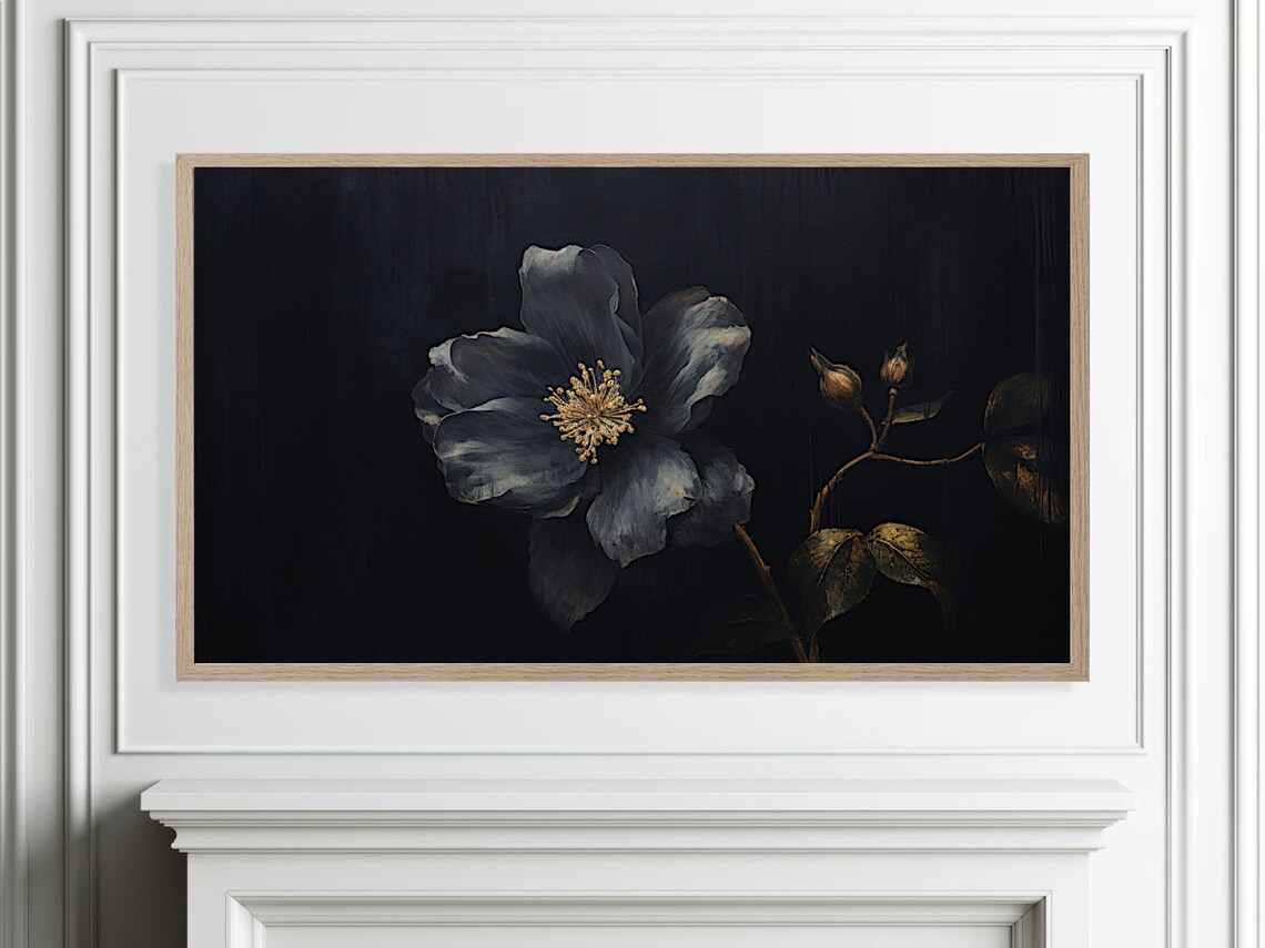 Dark Moody Flower Golden Stamens Black Botanical Painting Poster - Image 5