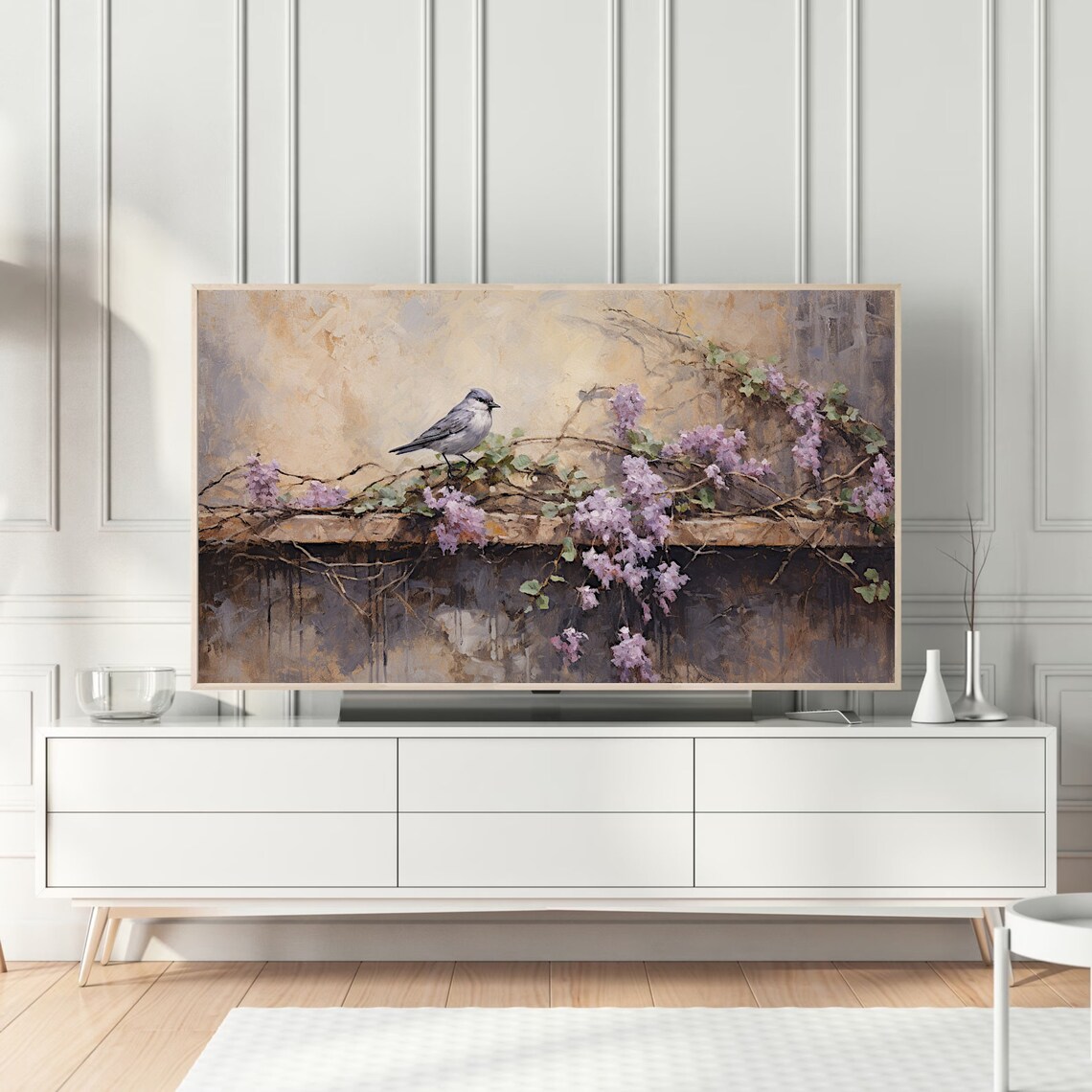 Small Gray Bird on Lilac Branch Vintage Nature Oil Painting Poster - Image 5