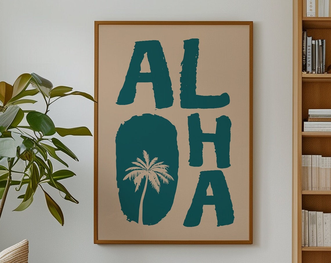 Aloha Beach Palm Tree Typography Boho Minimalist Coastal Quote Poster