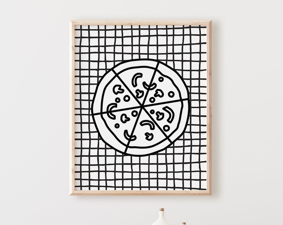 Hand Drawn Pizza Slice Black Grid Kitchen Fun Foodie Decor Poster