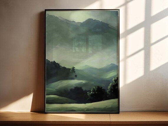 Rolling Green Hills Wall Art Home Decor Vintage Style Mossy Green Misty Mountain Living Room Art Office Art Affordable Wall Art
