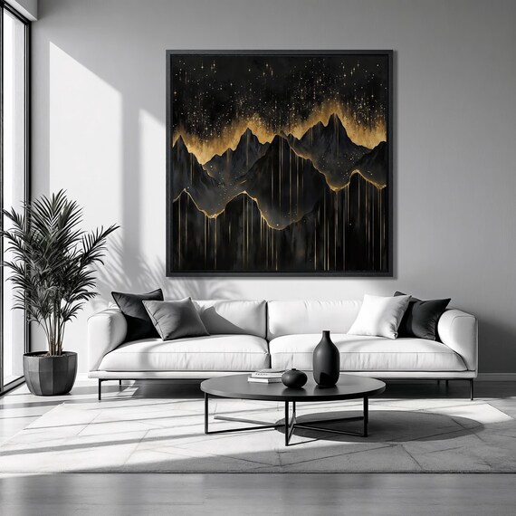 Black Gold Mountain Peaks Starry Night Celestial Landscape Poster