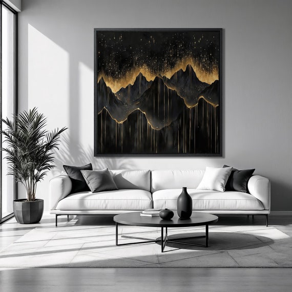Mystical Landscape Framed Print Black And Gold Mountain Luxury Art Starry Night Painting Print Celestial Decor Ready To Hang