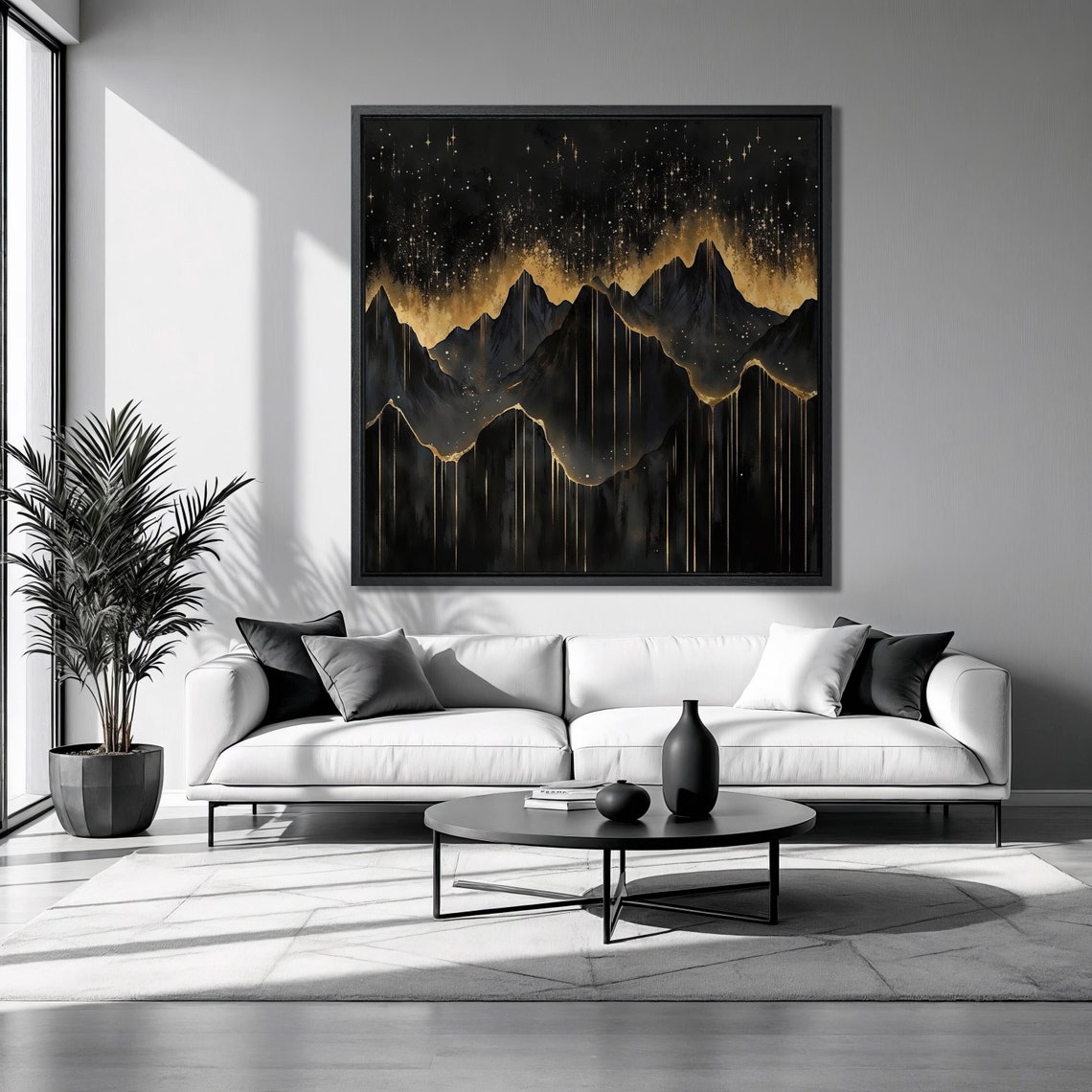 Black Gold Mountain Peaks Starry Night Celestial Landscape Poster