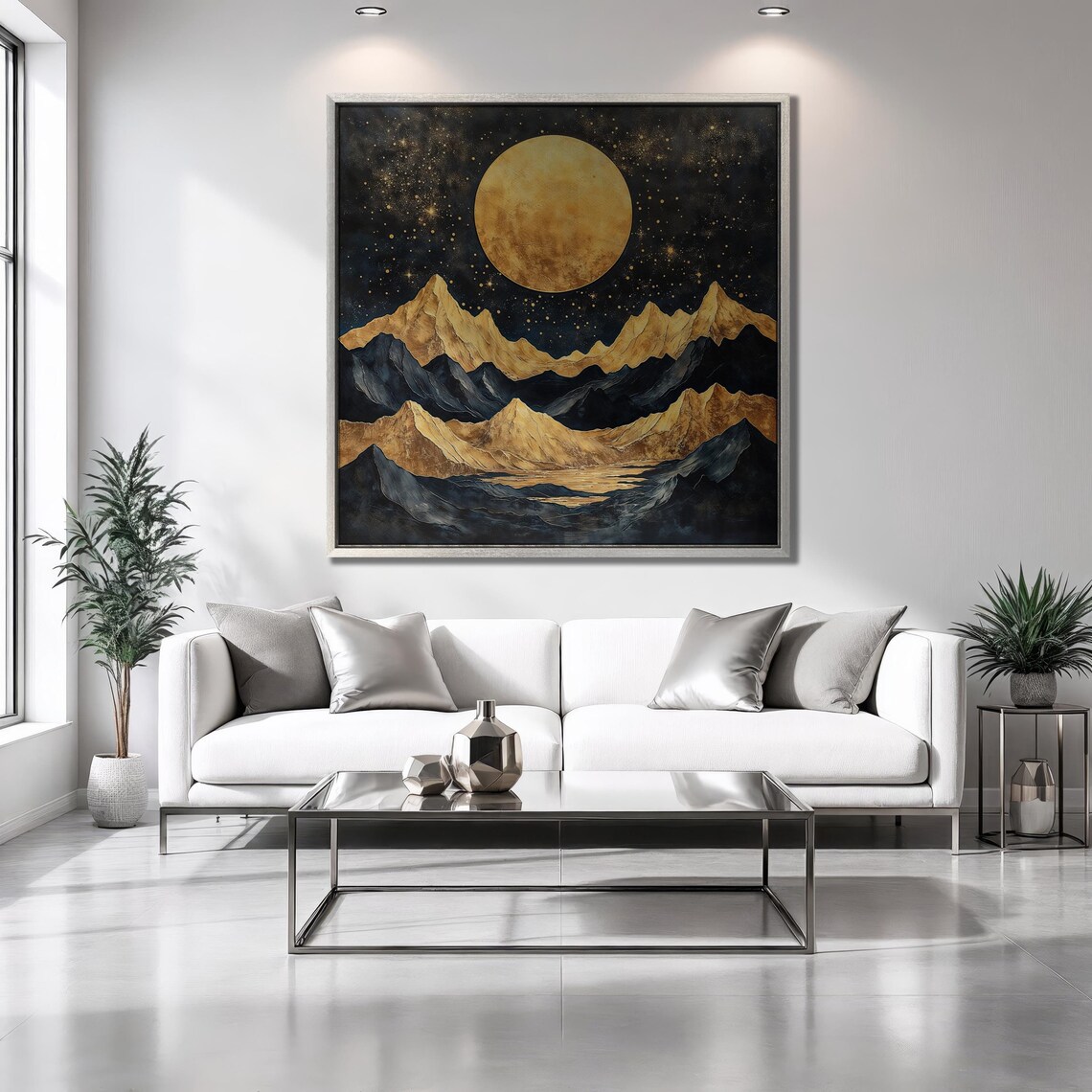 Golden Full Moon Black Gold Mountain Peaks Starry Night Art Poster