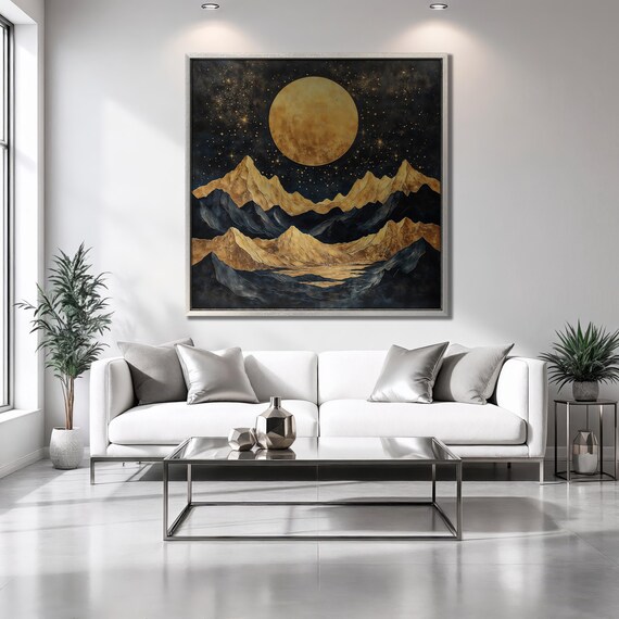 Golden Mountain Peaks Framed Print Gold Full Moon Luxury Art Celestial Landscape Painting Print Starry Decor Ready To Hang