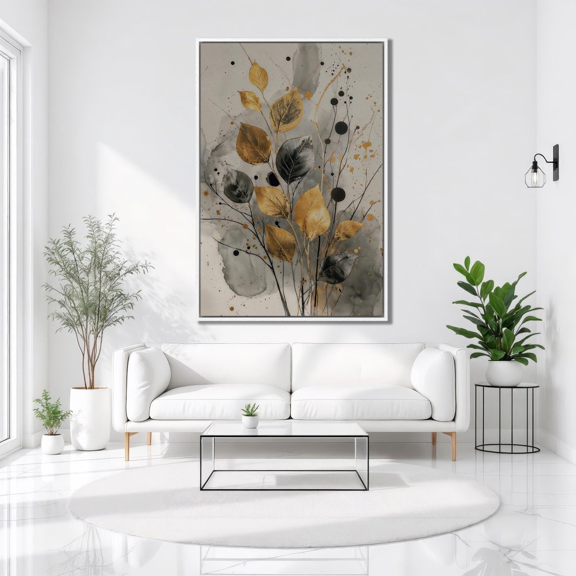Golden Black Leaves Botanical Watercolor Grey Wash Elegant Art Print