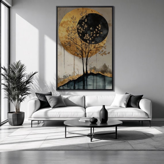 Mystical Moonlit Tree Framed Print Autumn Trees Luxury Art Black And Gold Circle Painting Print Geometric Decor Ready To Hang