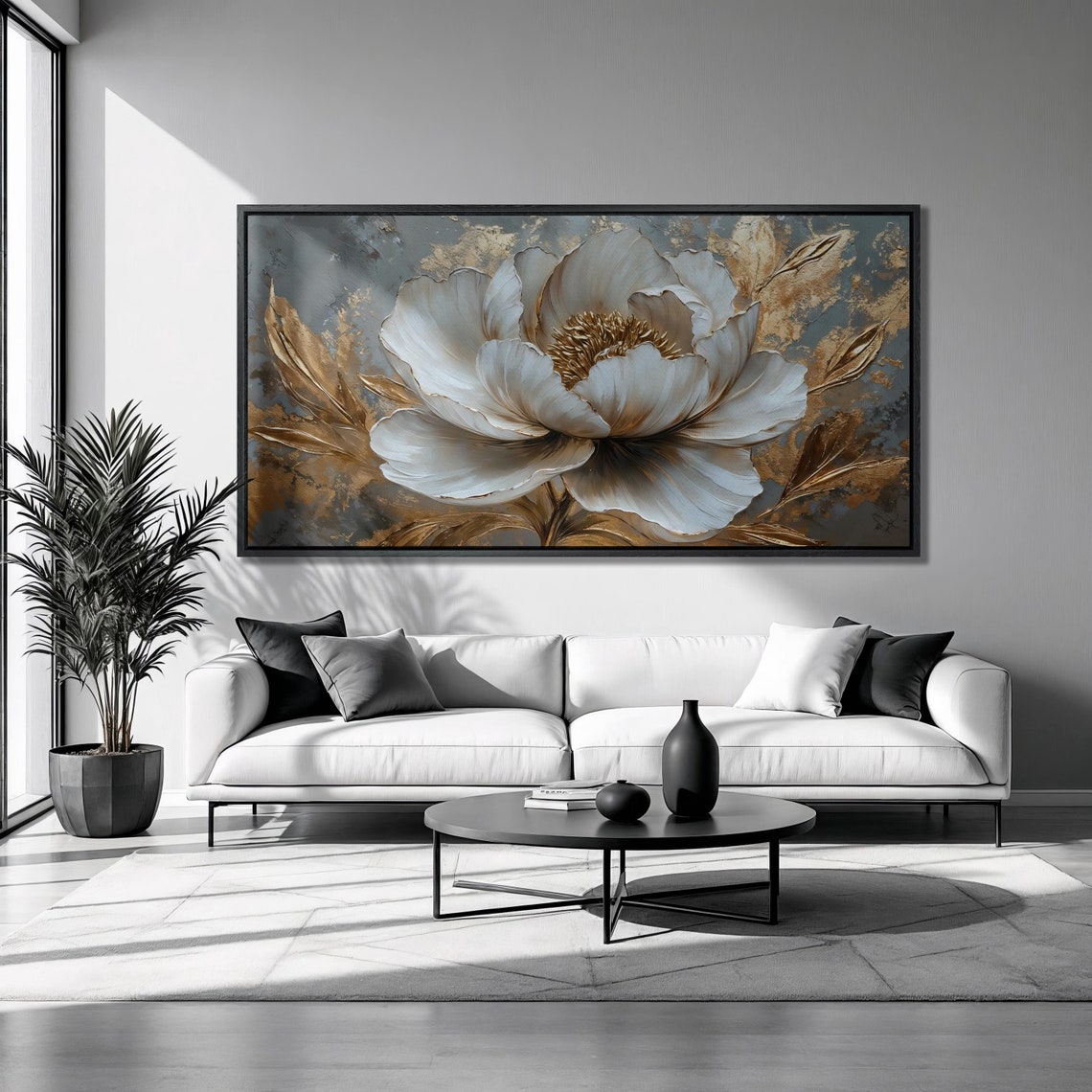 White Peony Smoky Gold Elegant Botanical Luxury Wall Art Poster
