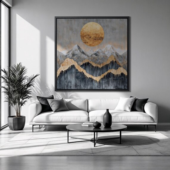 Surreal Mountain Framed Print Golden Sun Luxury Art Gray Gold Black Painting Print Abstract Landscape Decor Gift Ready To Hang