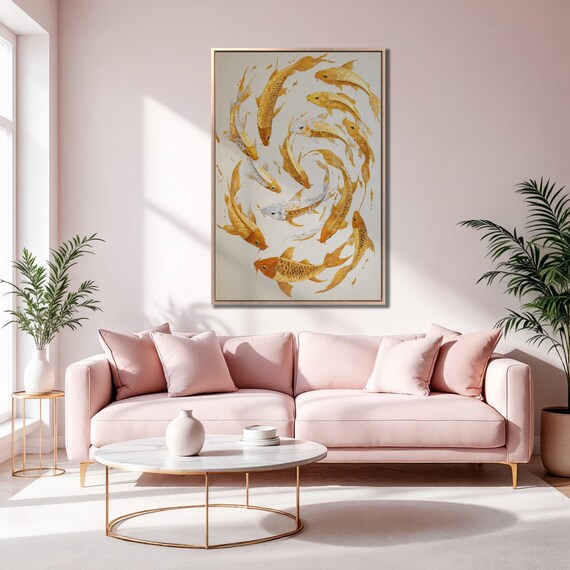 Koi Fish Framed Print Abstract Aquatic Animal Luxury Art Japanese Painting Print Beige And Gold Spiritual Decor Ready To Hang