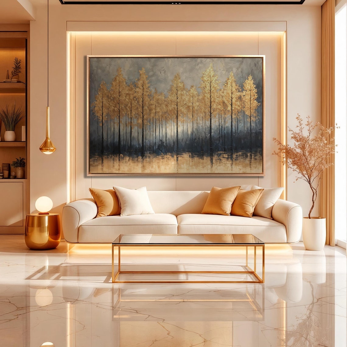 Golden Autumn Trees Lake Reflection Misty Blue Panoramic Forest Poster