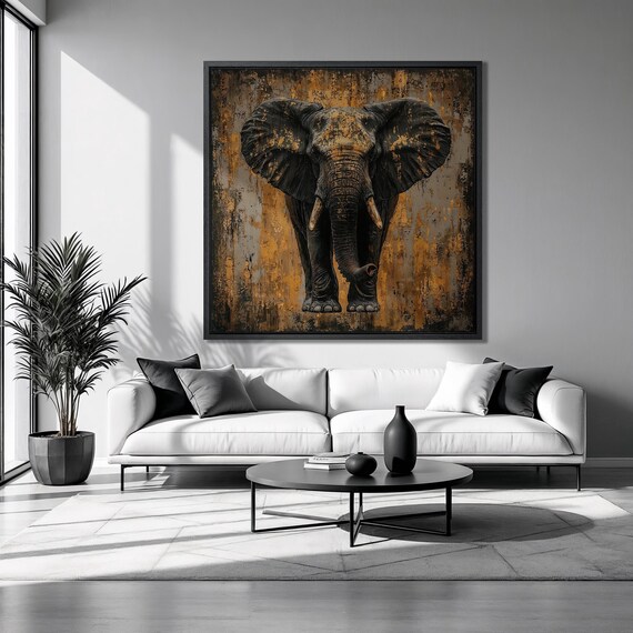 Dark Rust Elephant Frontal Abstract Gold Accent Wildlife Wall Art Poster