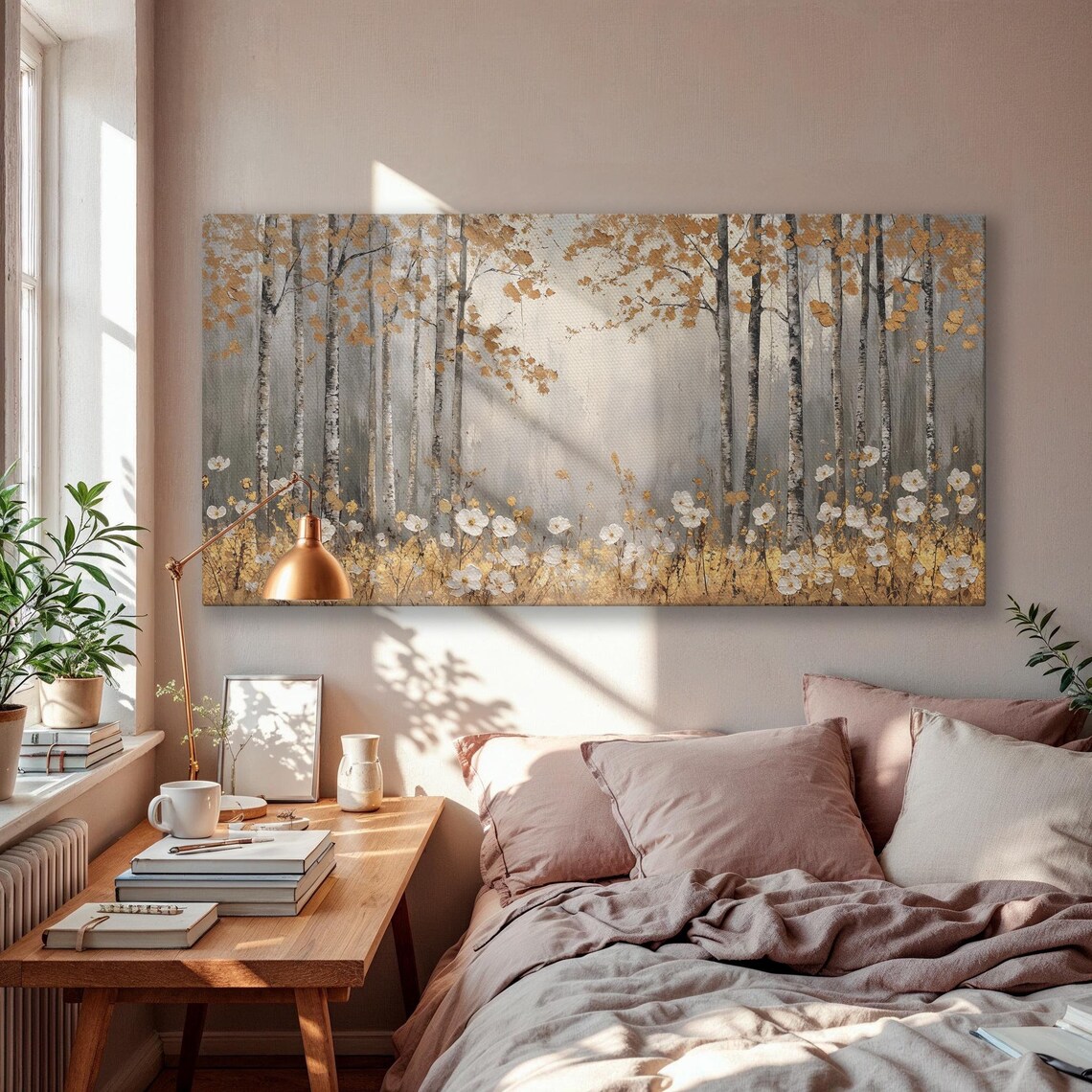 Golden Birch Forest Autumn Trees White Wildflowers Misty Poster