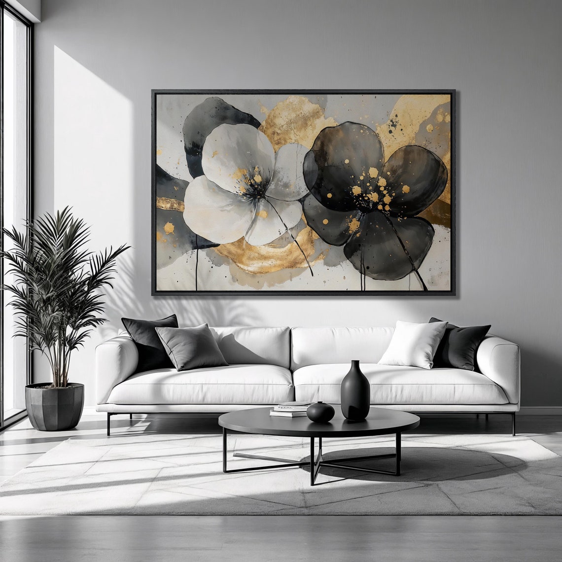 White Black Flowers Gold Accents Abstract Floral Panoramic Poster